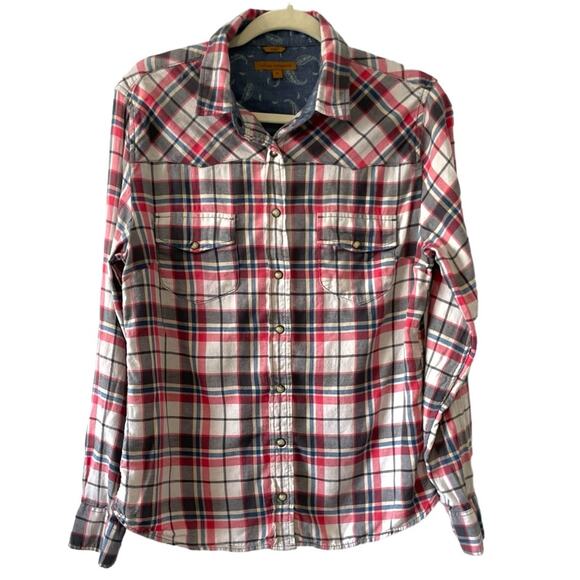 Jachs Girlfriend Flannel Pearl Snap Blouse Size Medium Grey Blue Red Plaid - Picture 1 of 7